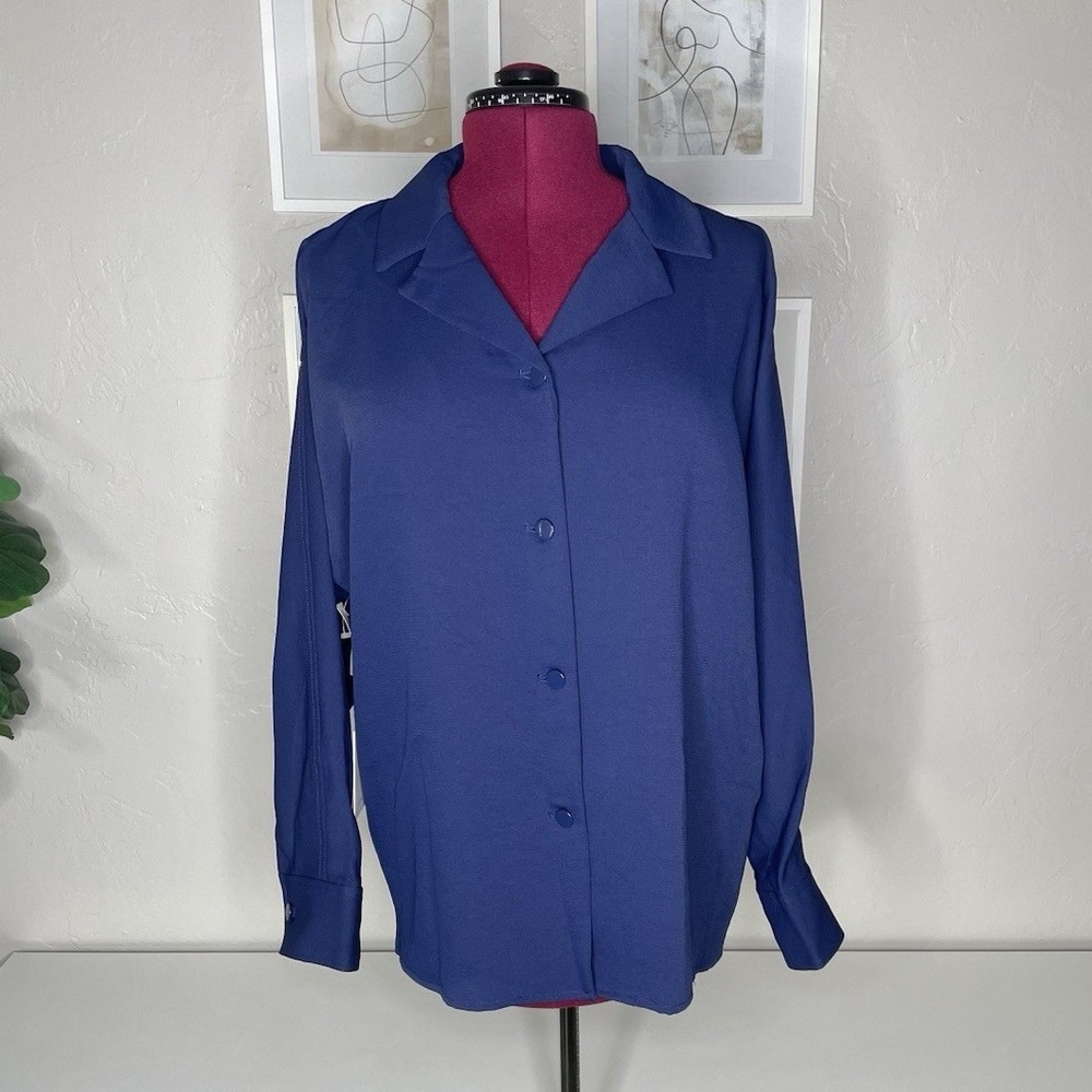 Wilfred Rondel Shirt Women Large Navy Blue Camp Collar Button Down VBH4-4287-39